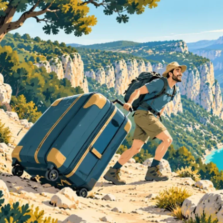 Illustration : un randonneur tire une valise démesurée sur un sentier du Verdon