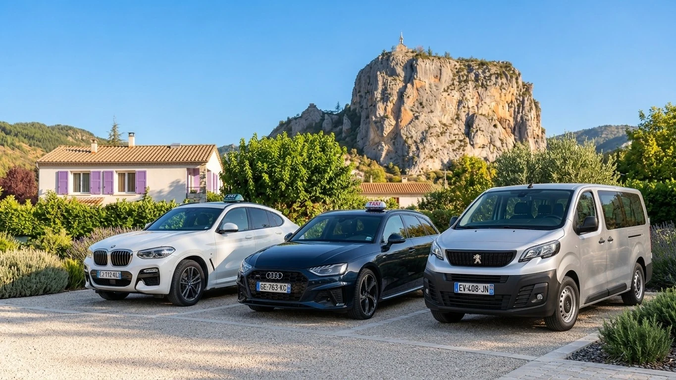 Les trois véhicules de Taxi Castellane, la BMW X4 blanche, l’Audi A4 Avant noire et le Peugeot Expert gris, devant le rocher de Castellane
