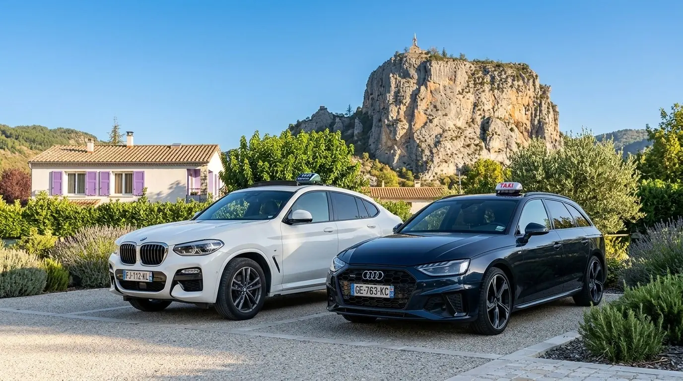 Les deux taxis de Taxi Castellane, la BMW X4 blanche et l’Audi A4 Avant noire, devant le rocher de Castellane