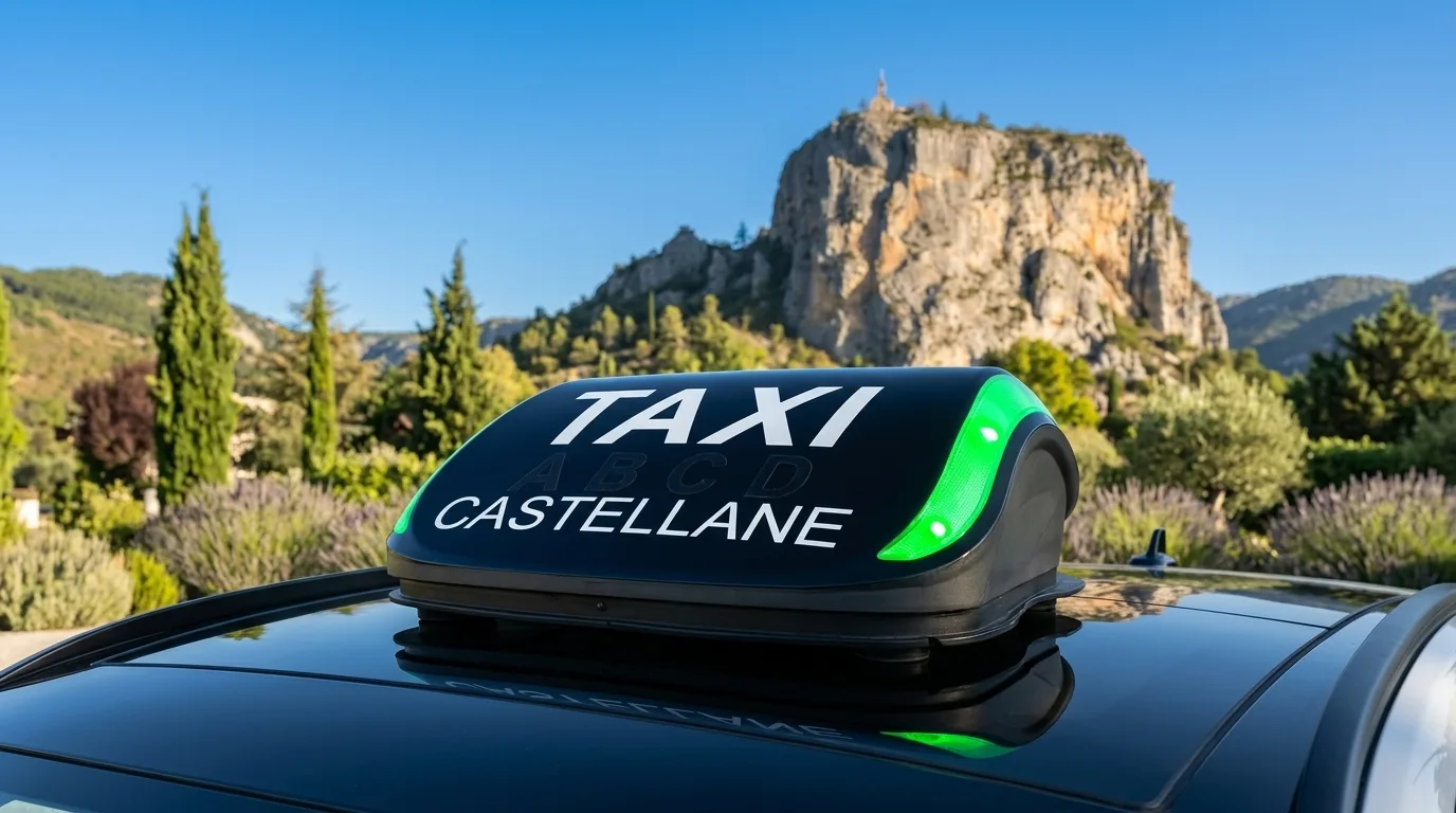 Enseigne lumineuse TAXI CASTELLANE sur le toit d’un taxi, devant le rocher de Castellane