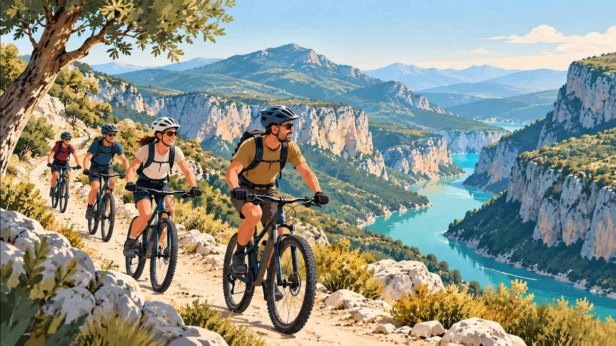 Illustration : des vététistes sur une piste au-dessus des gorges du Verdon
