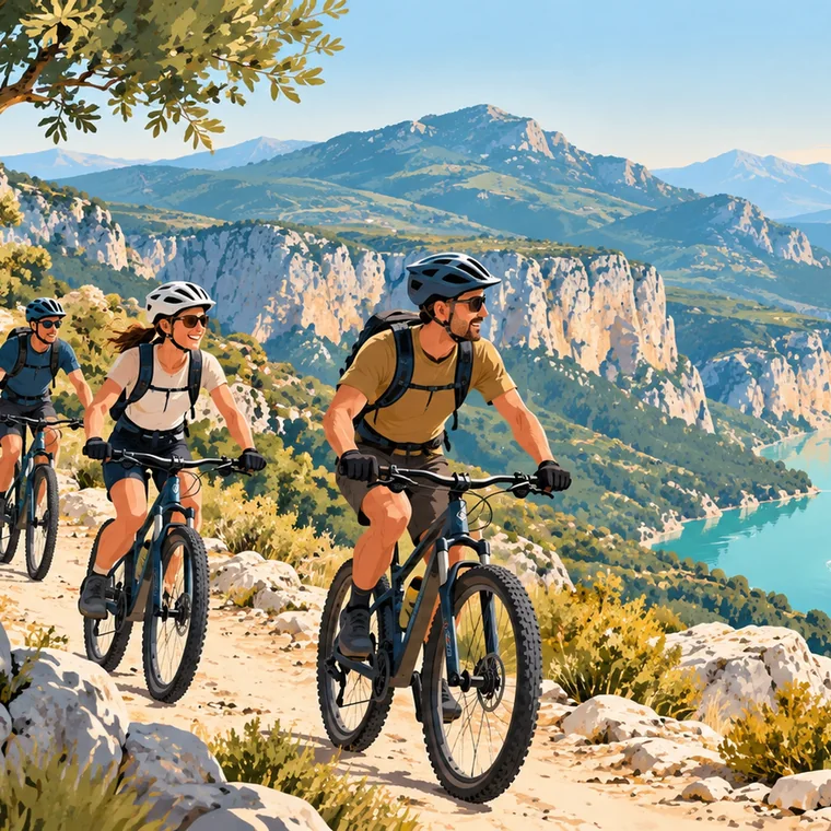 Illustration : des vététistes sur une piste au-dessus des gorges du Verdon